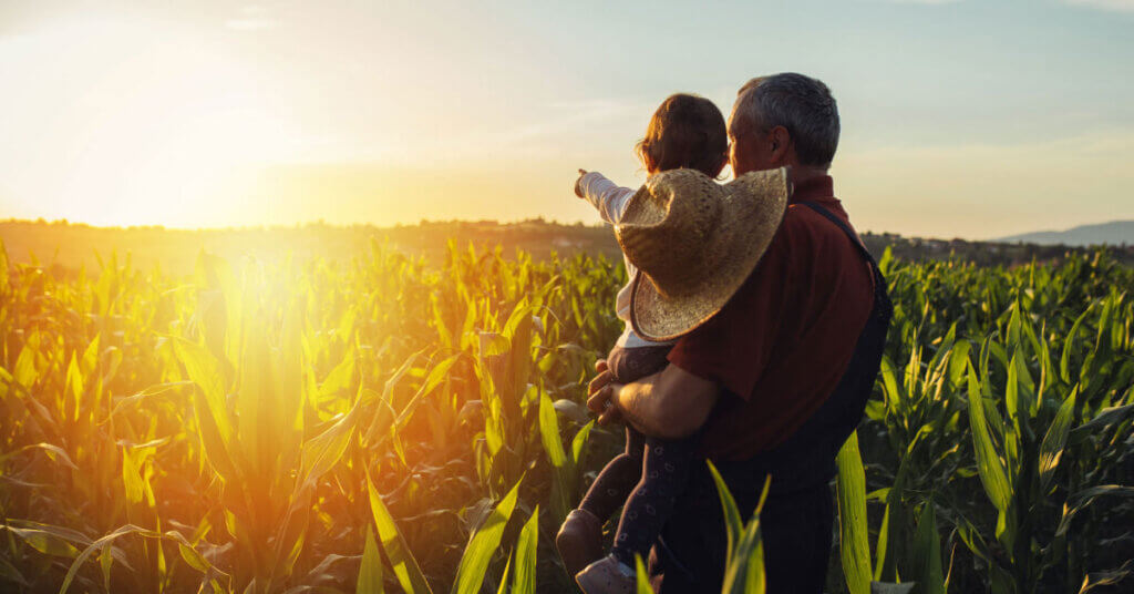 farmer holding son watching the sunset in a cord field