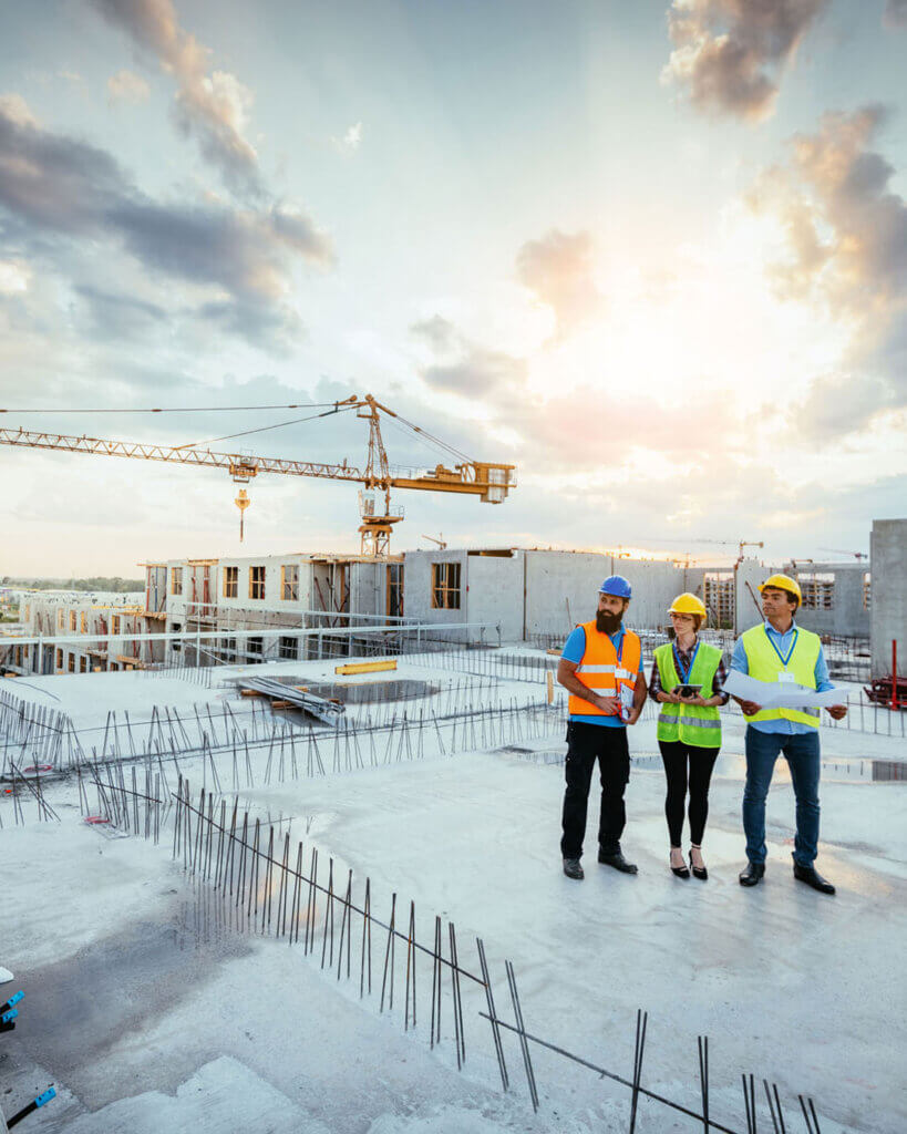 Construction crew looking at plans while on building in construction.