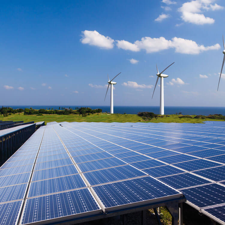 wind turbines and solar energy field on the coast