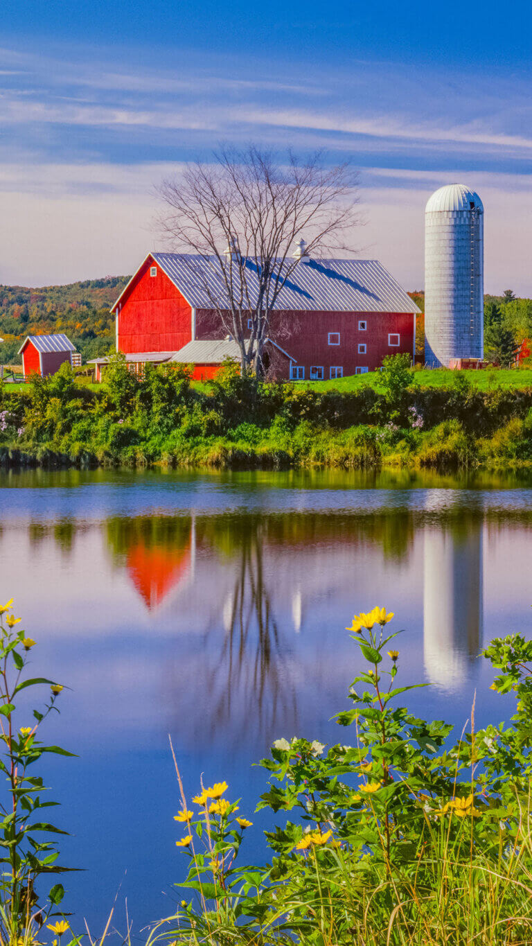 A red farmhouse and silo on a large pond surrounded by flowers.
