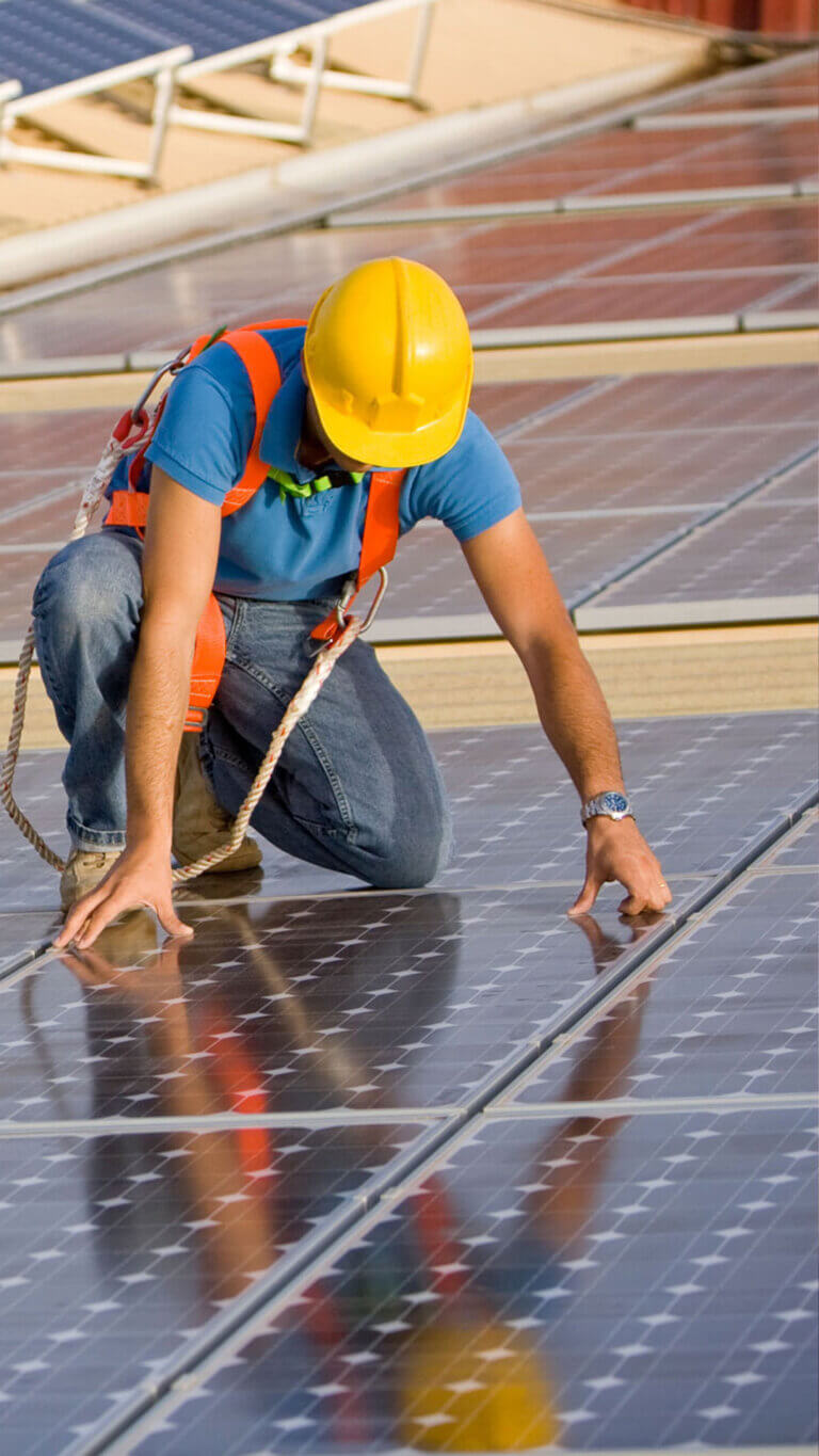 Renewable energy safety manager securing solar panel on solar energy farm.