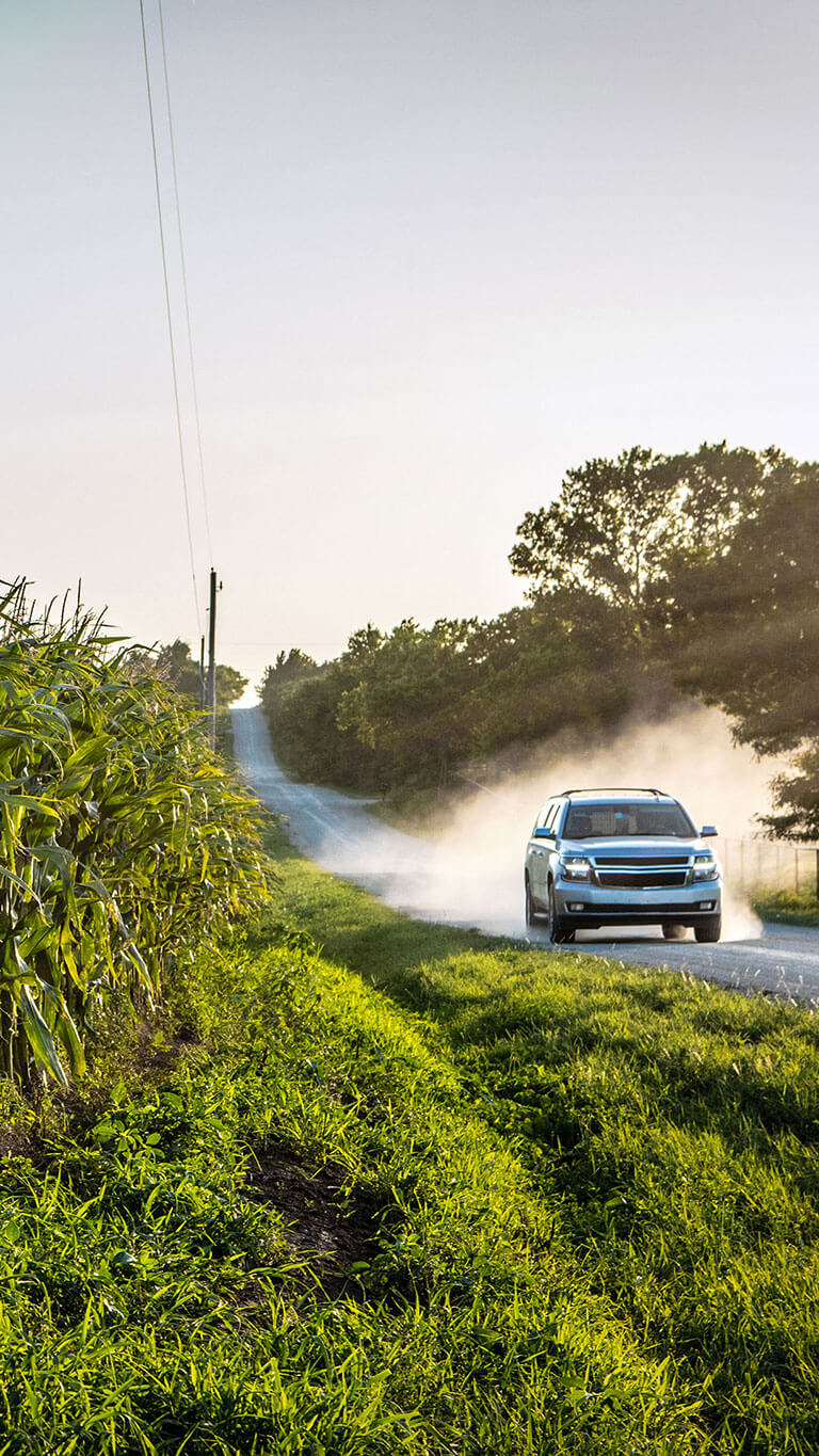 SUV driving backcountry road near a corn field