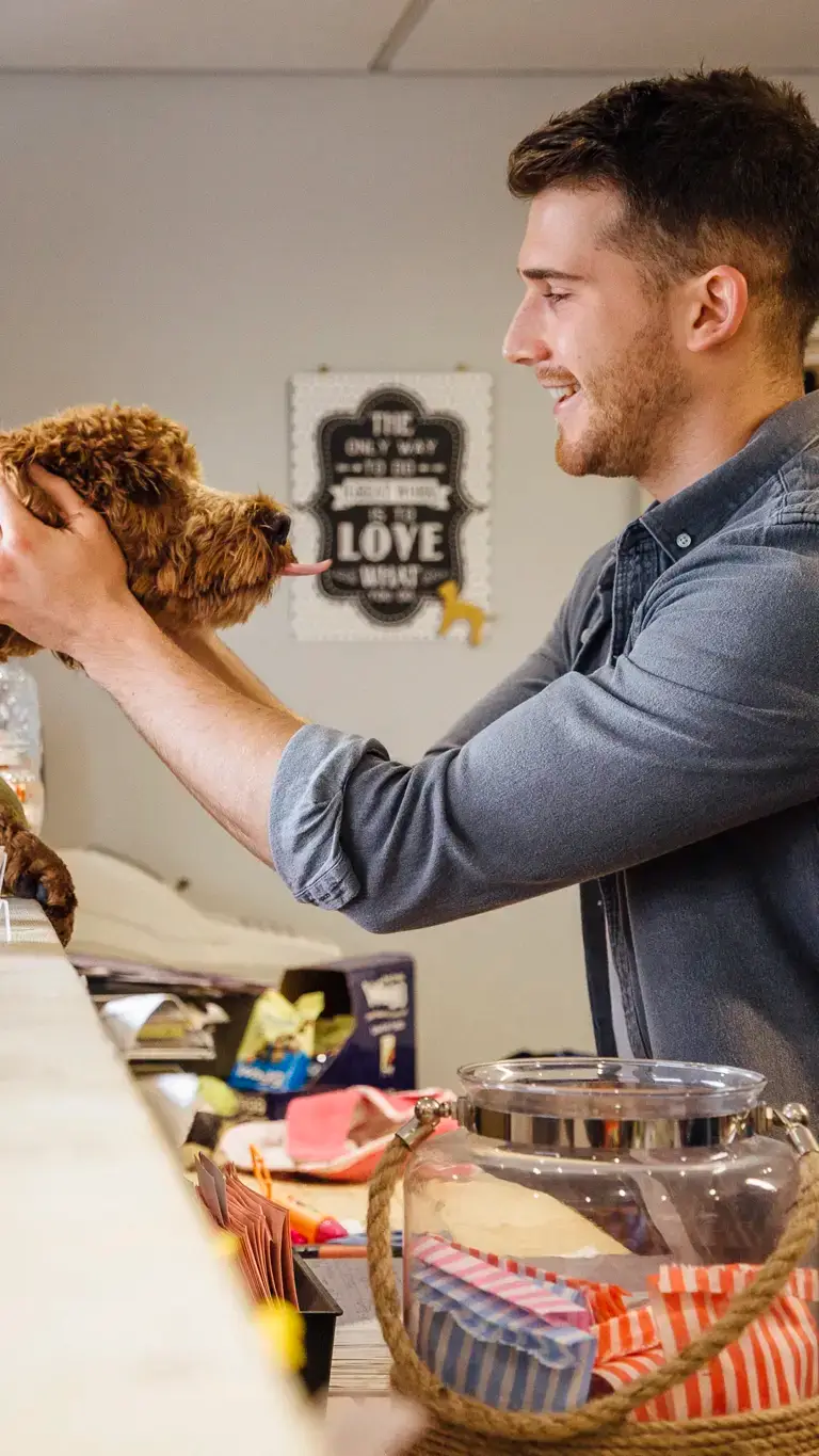 male dog groomer with business funded by a sba 7a loan