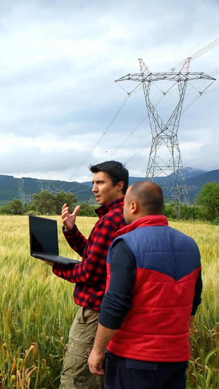 two men in a field with power lines talking about a usda rural development loan